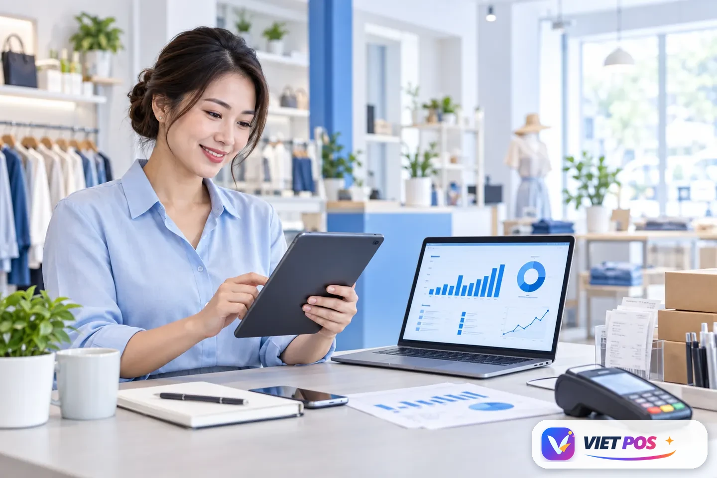 Chủ cửa hàng theo dõi doanh thu và báo cáo tài chính trên VIETPOS