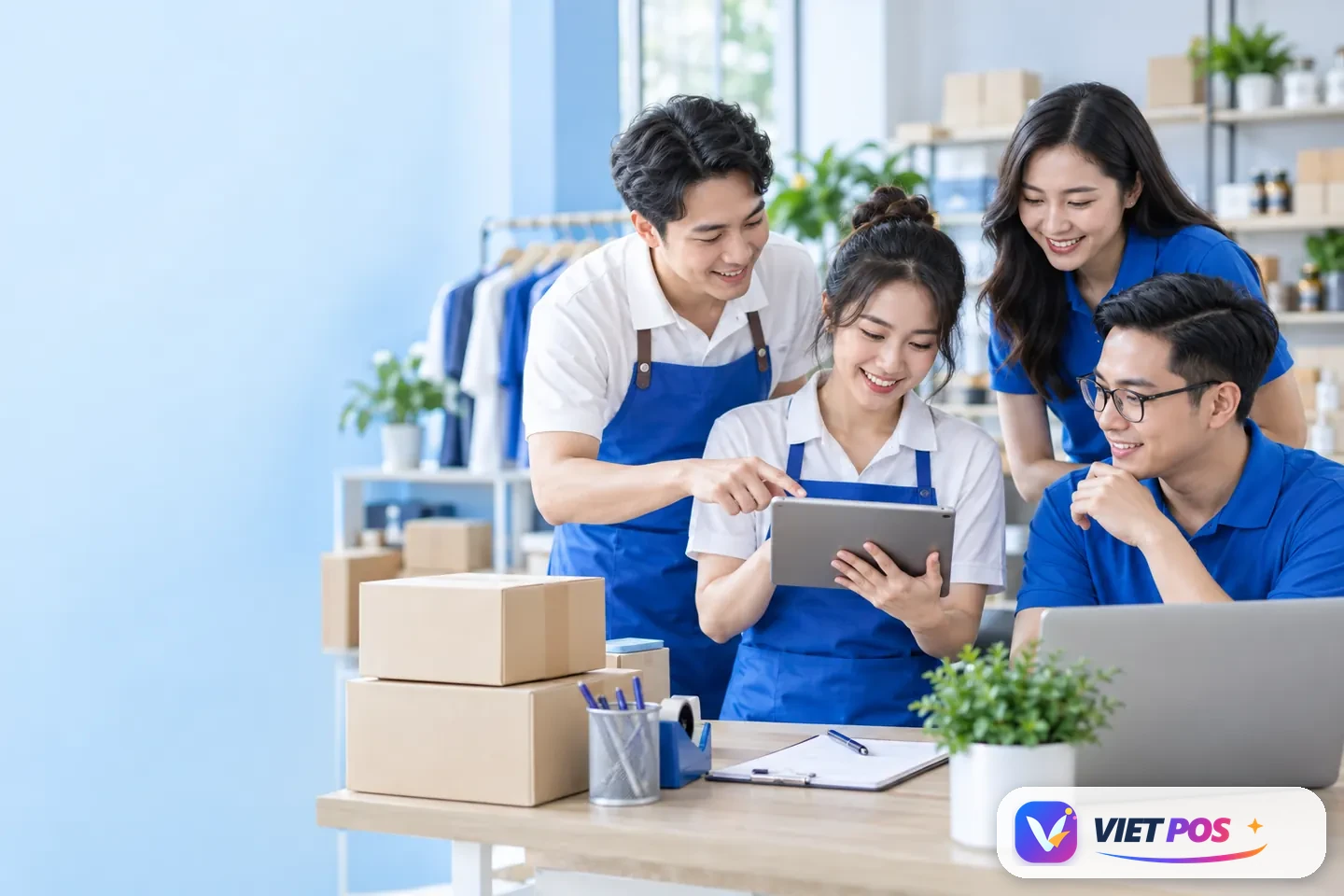 Đội ngũ nhân viên cửa hàng phối hợp vận hành bằng VIETPOS